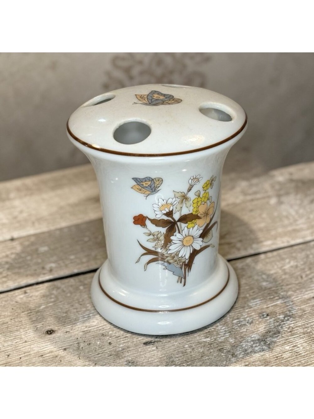 Vintage Toothbrush Holder Porcelain White Brown Nature Butterfly Floral 80s